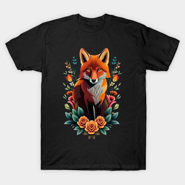 Fox and flowers tattoo style 9 T-Shirt by Dandeliontattoo